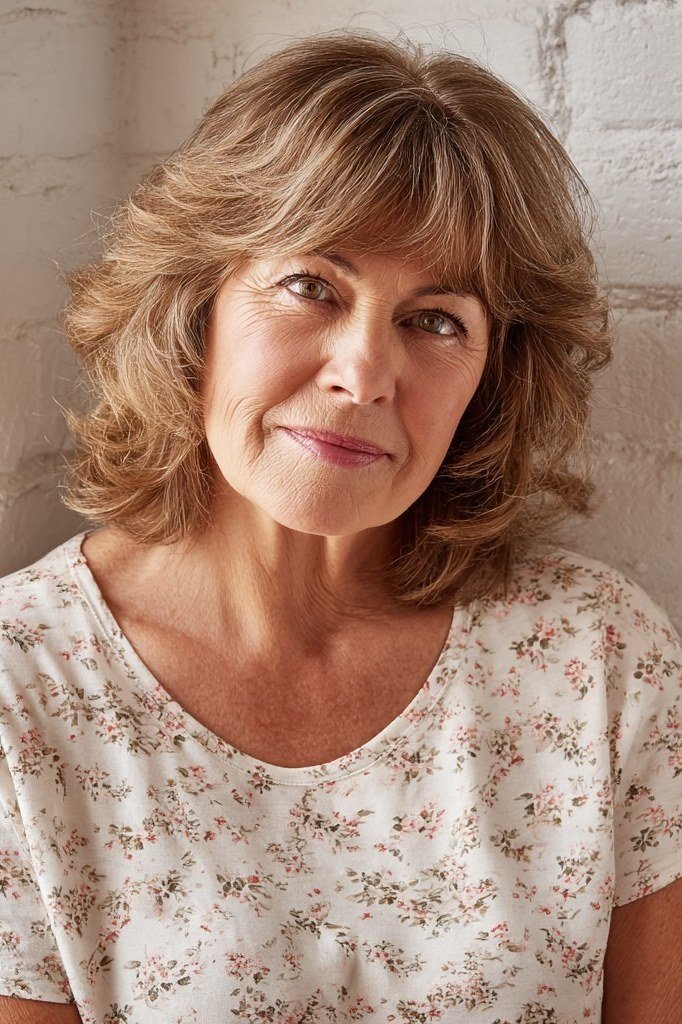 Warm brown curly bob for women over 60