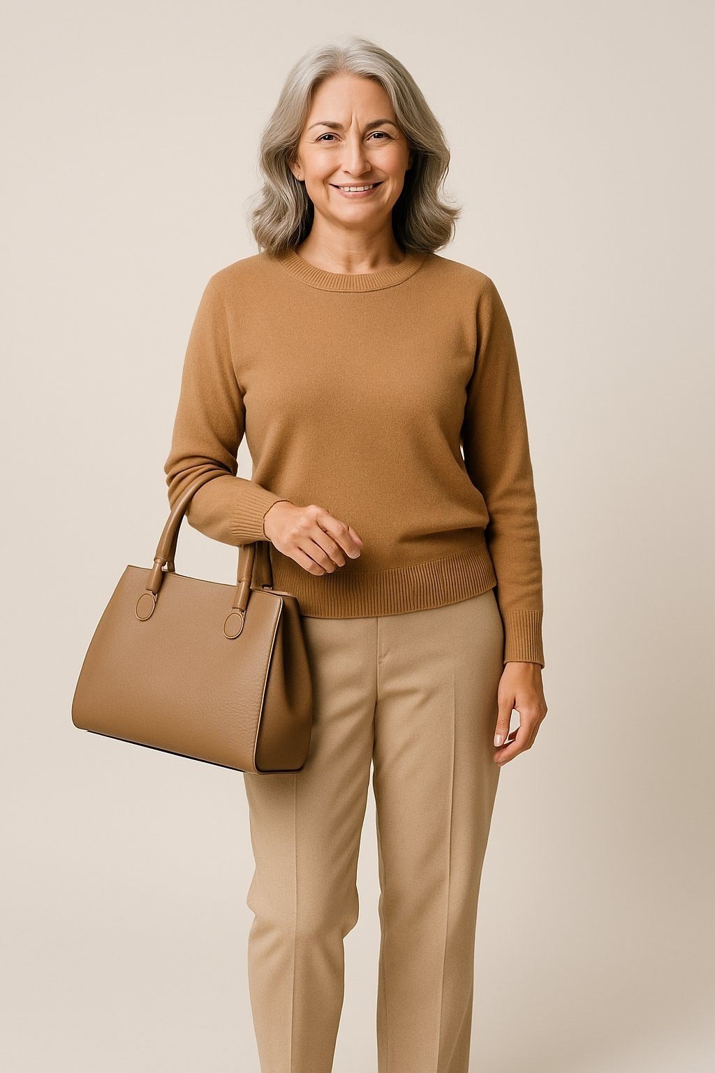 camel sweater with camel trousers and tan structured bag for women over 50