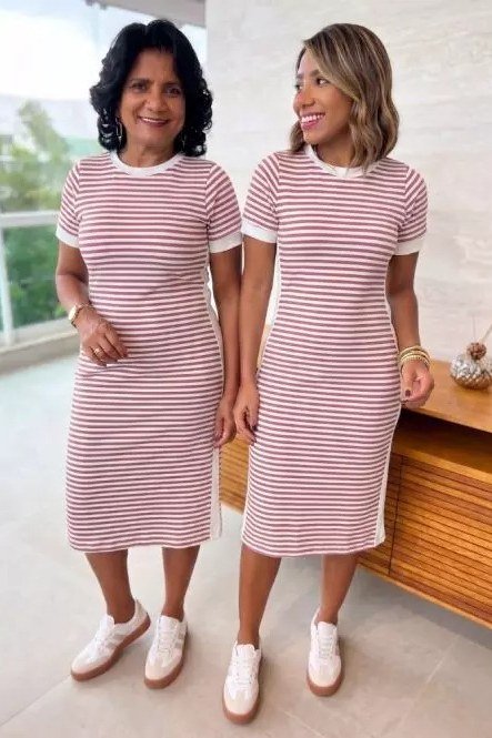 pink striped knit midi dresses, duo for women over 60