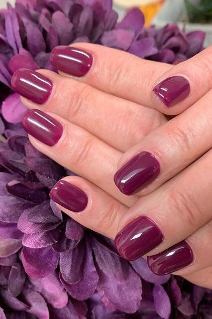 Berry plum solid, almond shape, medium length, glossy, purple flower background, fall nail color for women over 40