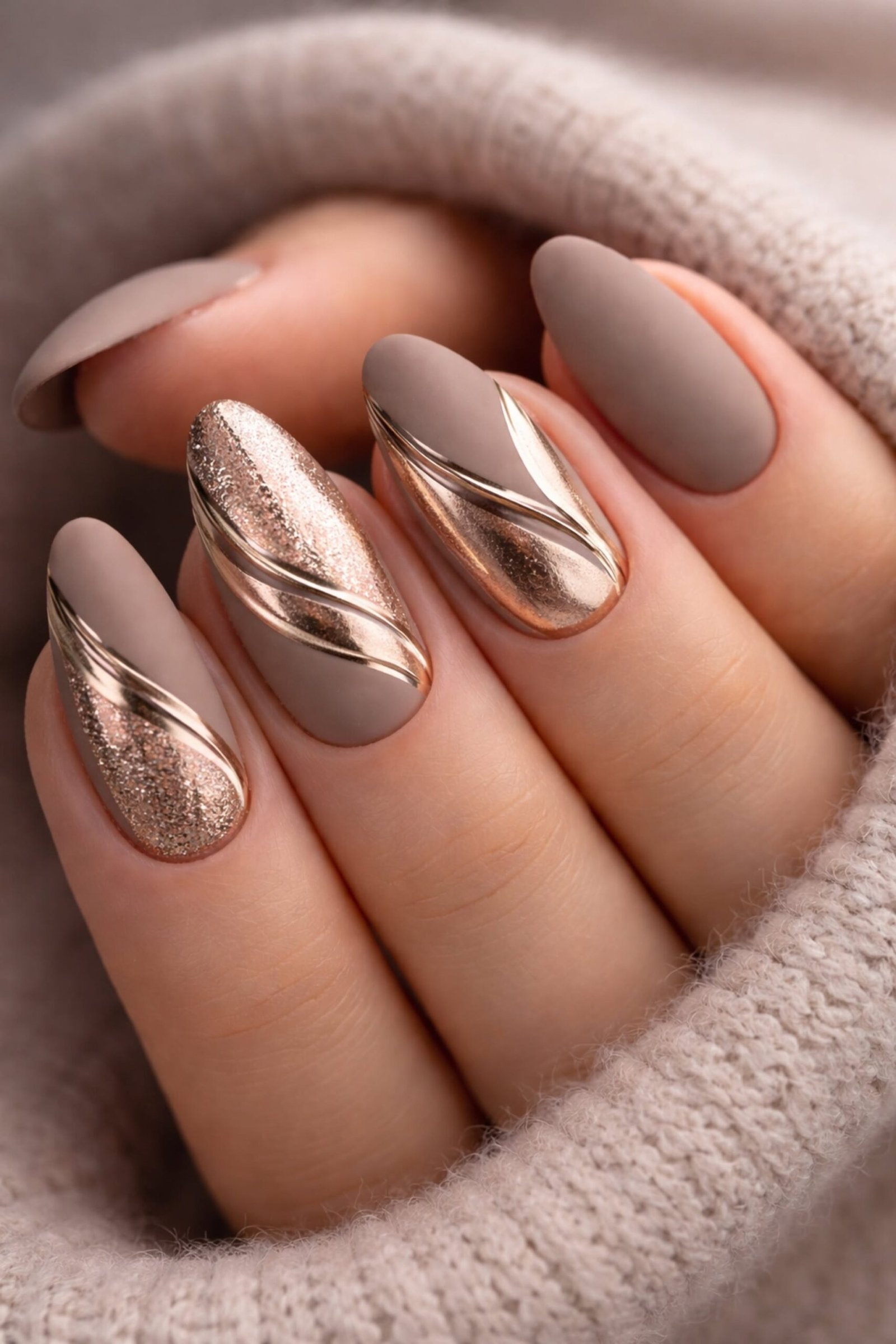 Taupe nails with rose-gold chrome swirl accent, fall nail design for older women