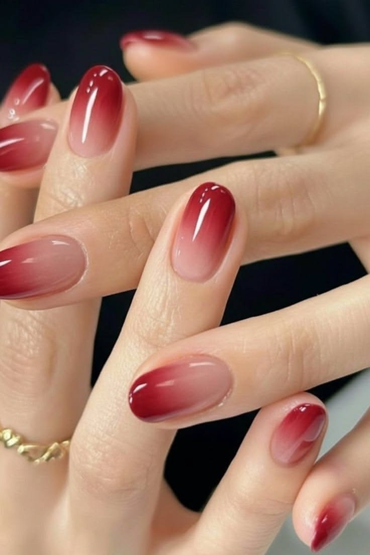 Burgundy to red ombre, medium nails, ombre nail design for women over 60