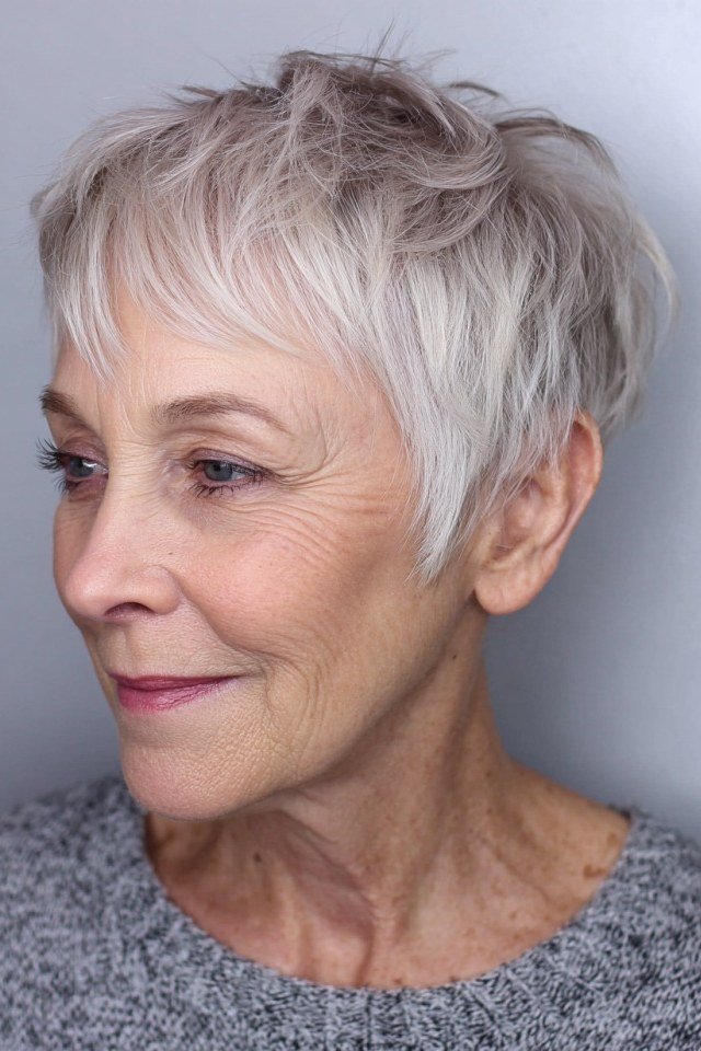 Choppy bob hairstyle for women over 60: white pixie bob side grey top