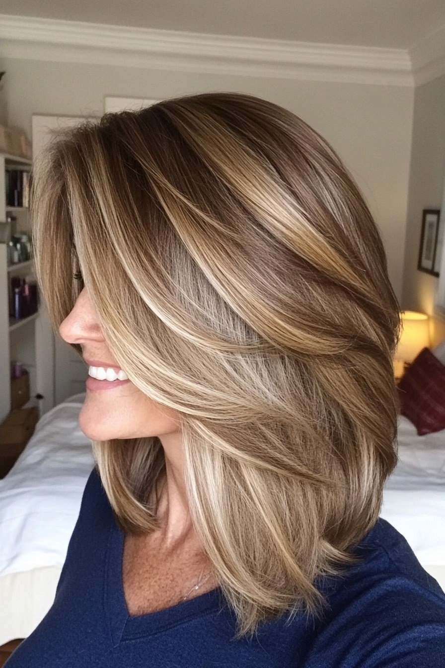 Long blonde layered haircut with flowing polished layers for women over 40