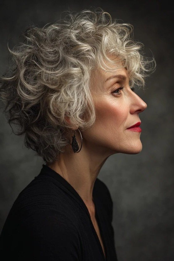 Blonde grey curly pixie bob for older women