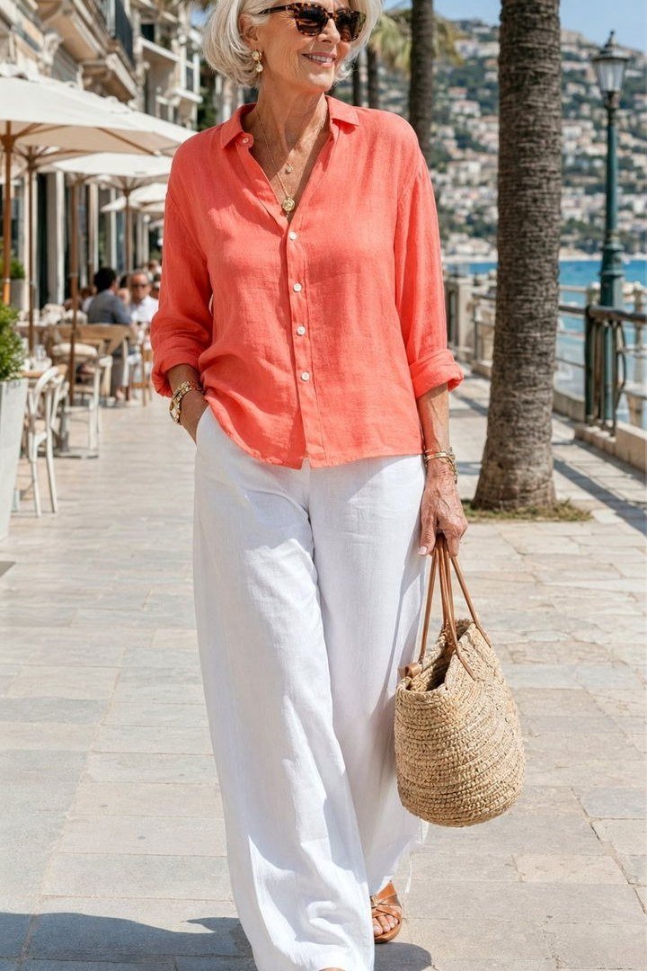 Coral shirt with white wide leg trousers for women over 70