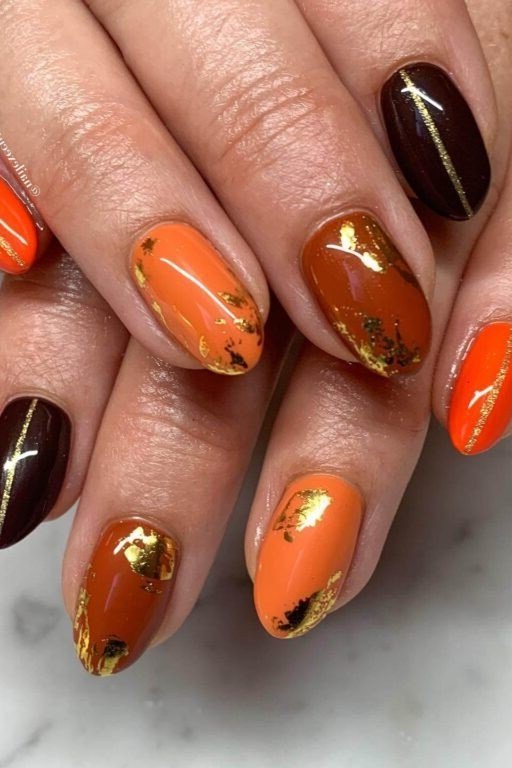 Orange copper brown shimmer mix almond, elegant fall nail design for women over 40