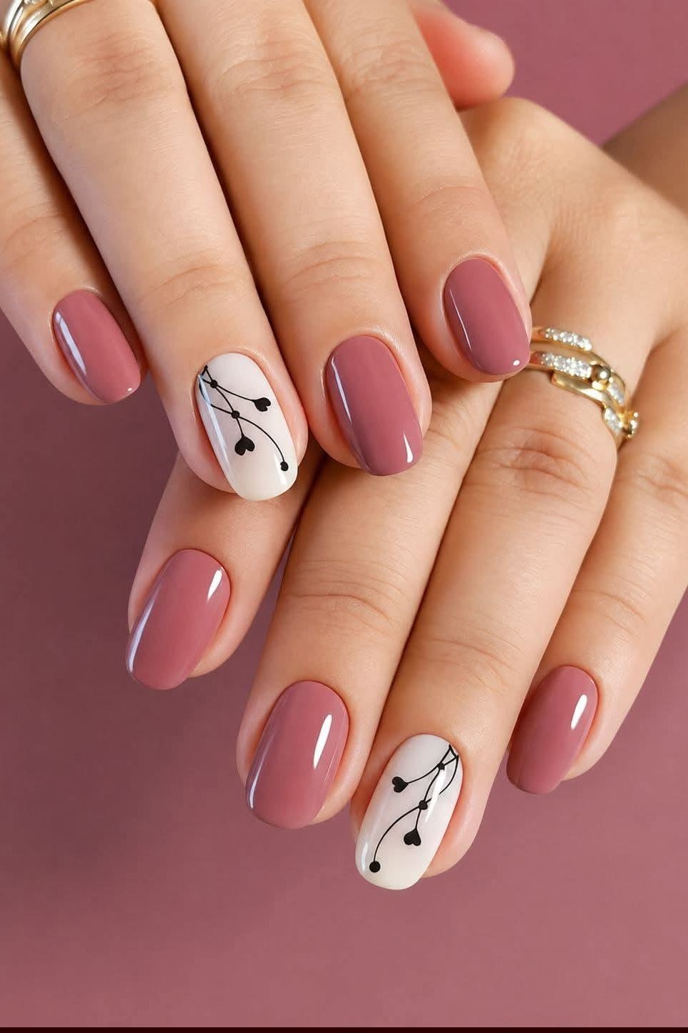 Mauve Almond Nails with White Floral Accents, elegant mauve nail idea for women over 60