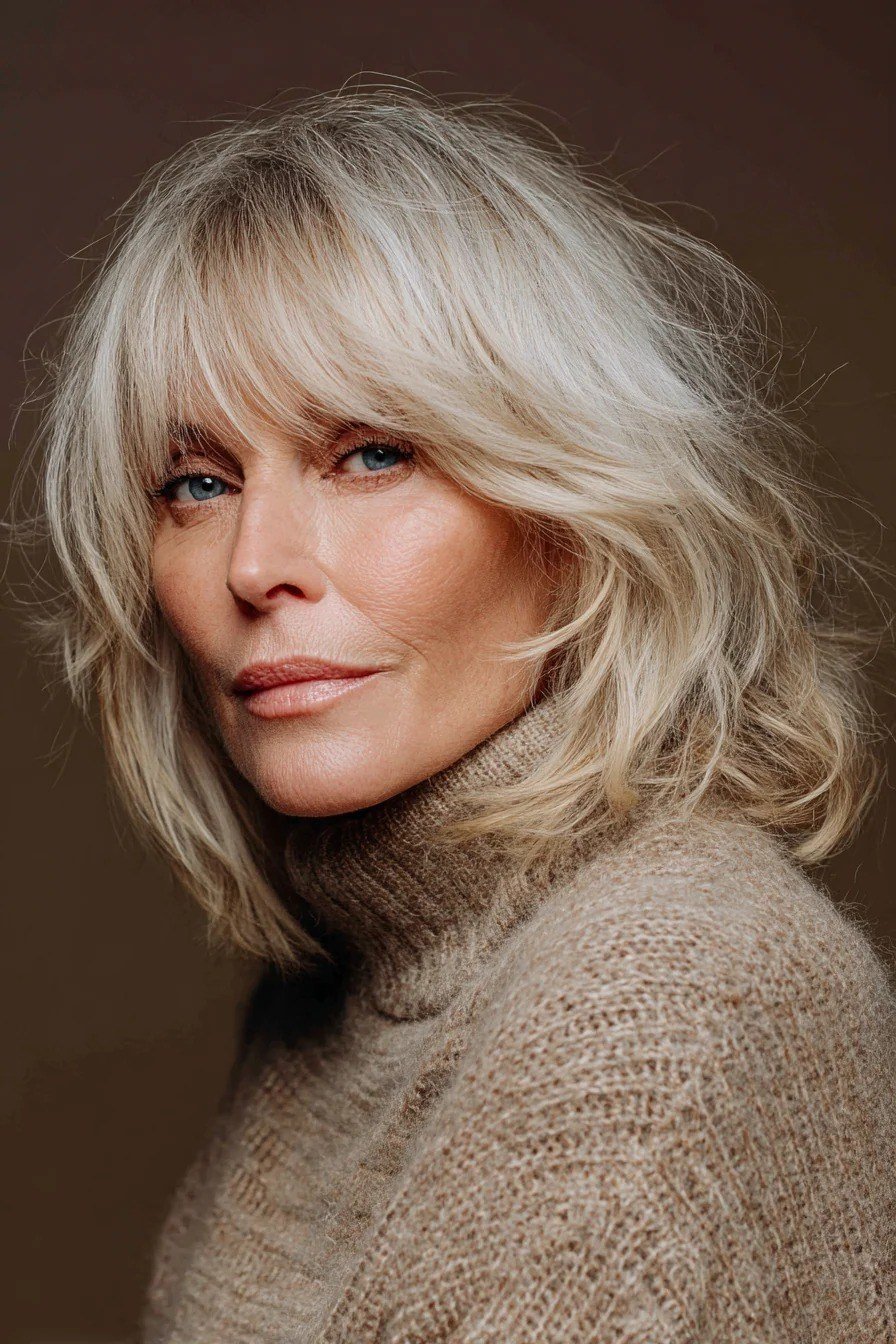 White wavy bob with layered ends - trendy short haircut for older women with fine hair
