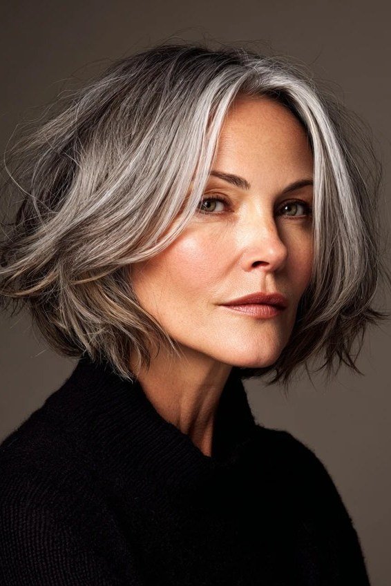 Silver Curtain-Parted Wavy Shag - shaggy bob haircut for women over 60