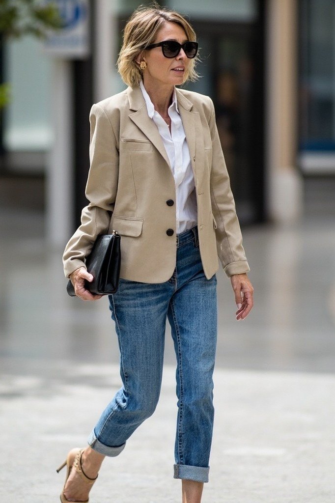 Beige blazer with white shirt cuffed jeans and heels, smart outfit for women over 40