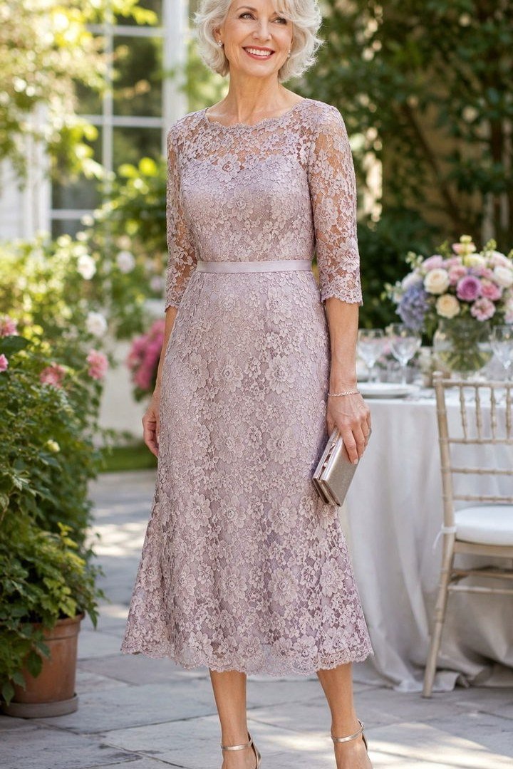 lavender lace midi dress with clutch, outdoor,, elegant wedding guest dress for women over 60