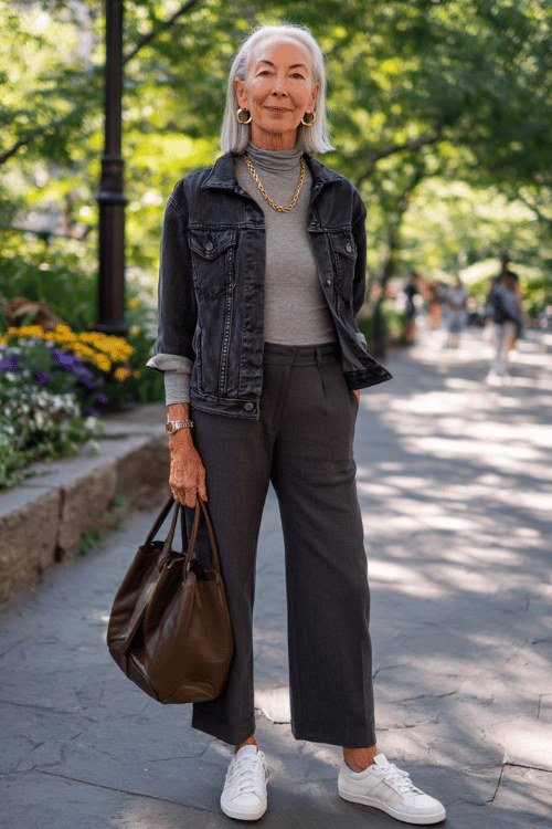 Easy casual outfit idea for women over 50: dark denim jacket and wide pants, older woman everyday style