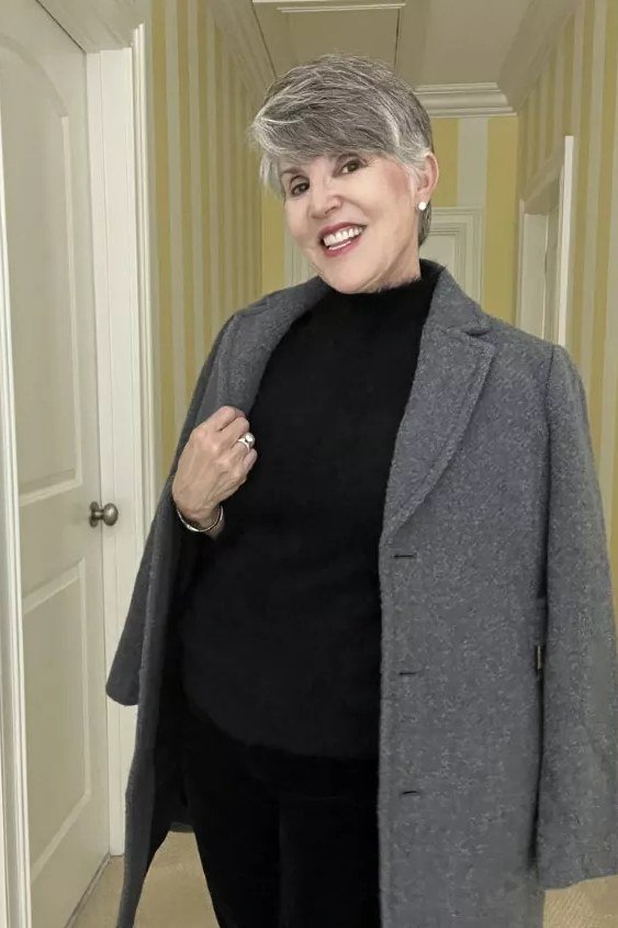 charcoal gray blazer coat over black turtleneck dress church outfit for women over 60