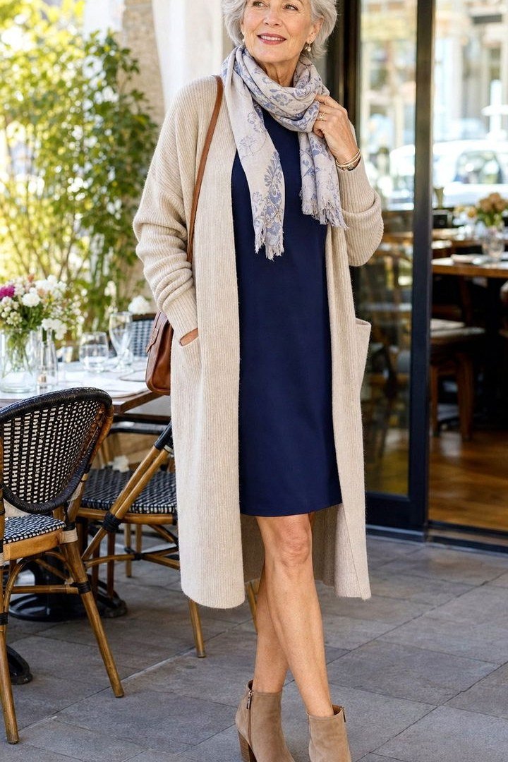 navy dress, beige cardigan and scarf fall outfit for women over 60