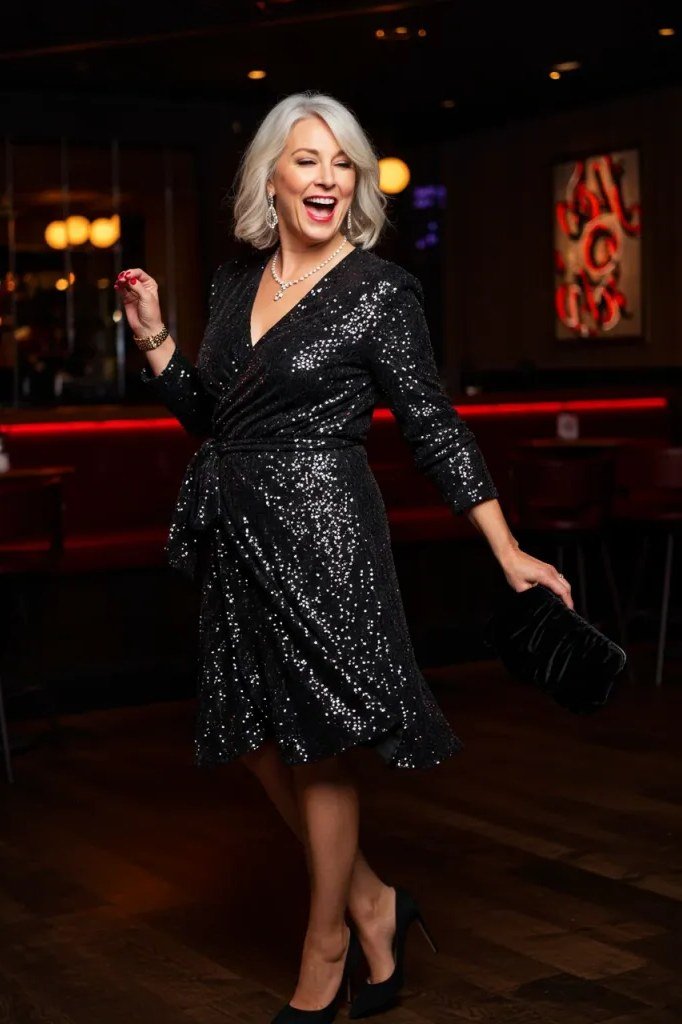 Black sequin wrap cocktail dress for women over 50