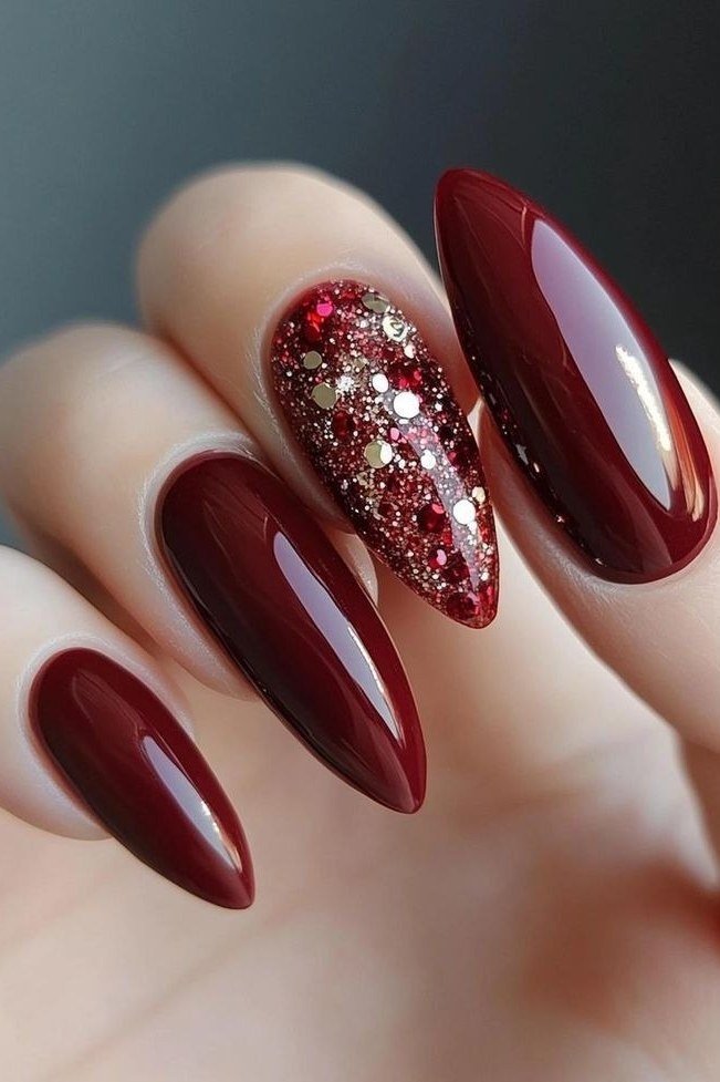 Wine Red Glitter Accent Almond Nails - wine red glitter accent almond, glitter winter nail design for women over 60