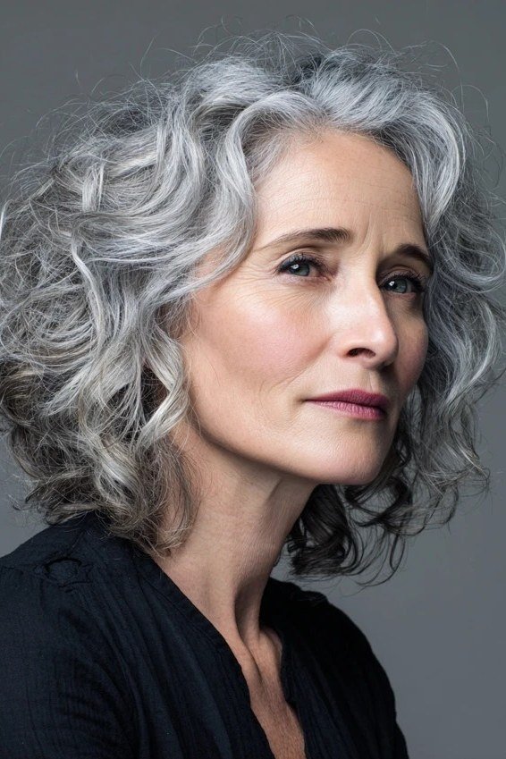 tousled wavy silver bob for older women