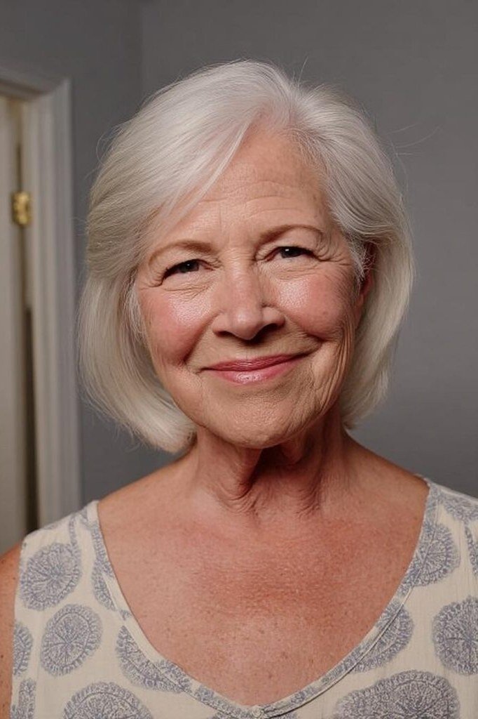 Silver chin-length bob, smiling front view, soft volume, timeless hairstyle for women over 70