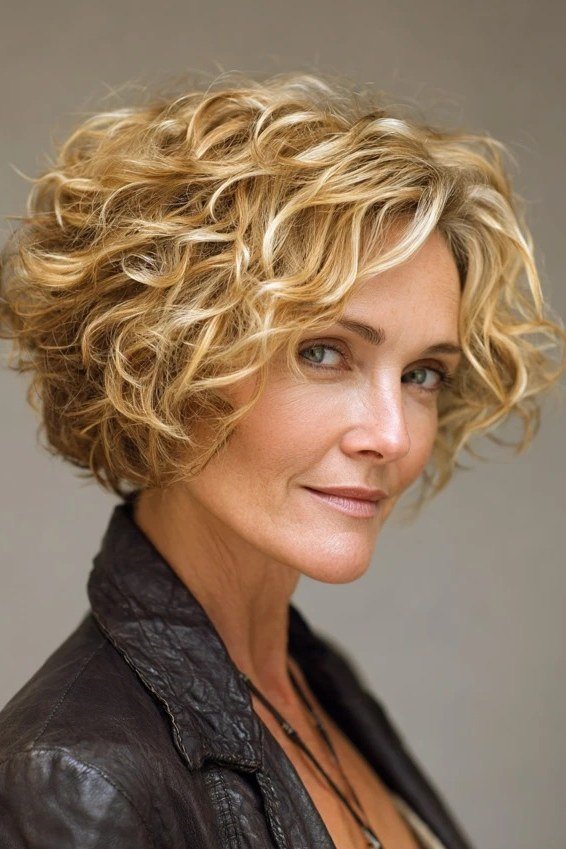 Blonde curly bixie haircut front side view for women over 60