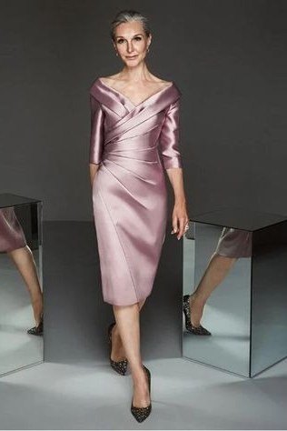 mauve satin draped dress, elegant cocktail dress for women over 60