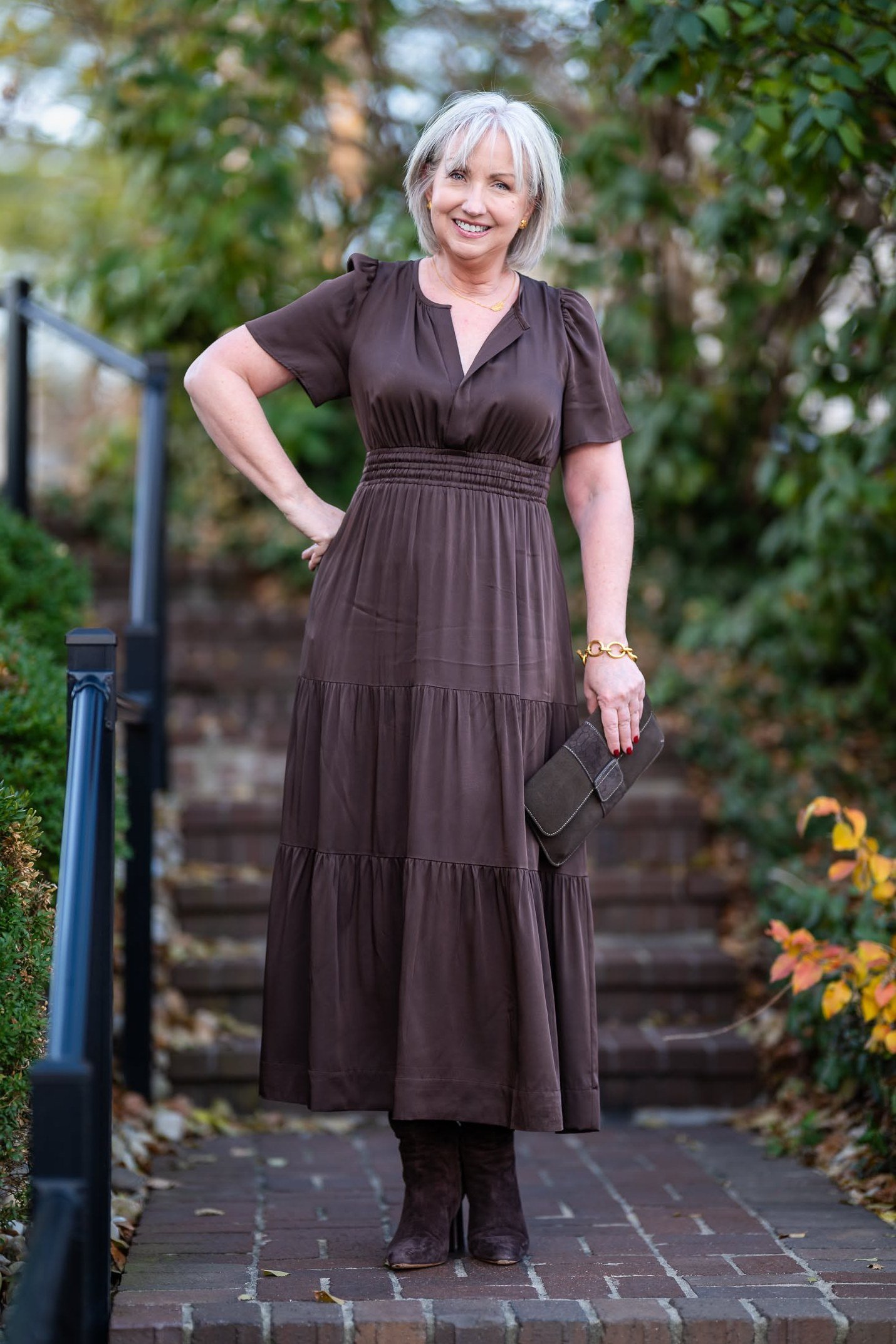 Chocolate brown tiered maxi dress brown tiered maxi dress brown boots 60s - fall outfit idea for women over 40