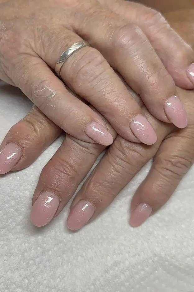 Pink Short Oval with a Statement Ring gel nails for women over 60