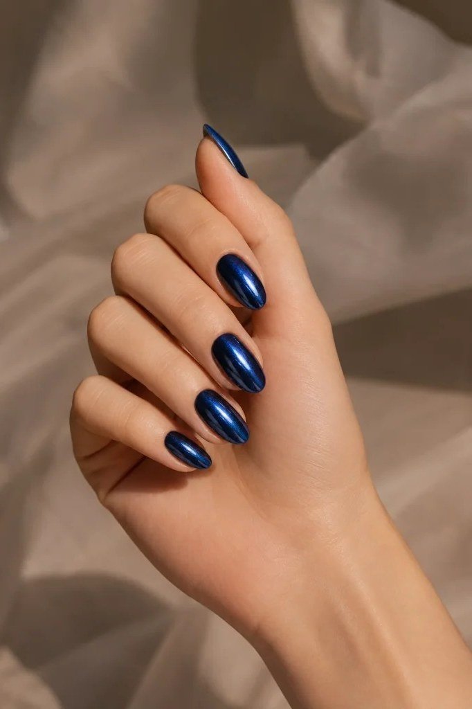 Deep Navy Blue Chrome Almond Nails - chrome nail designs for women over 60