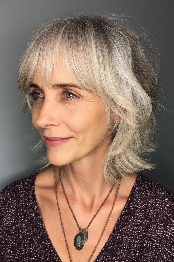 Textured Silver Shag with Wispy Bangs - medium shag haircut for women over 40