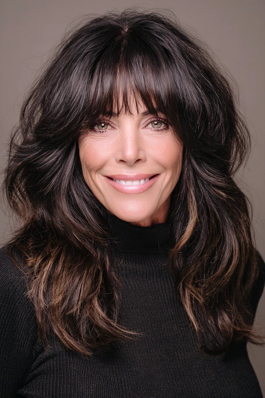 Long dark-brown wavy hair with bangs for women over 50