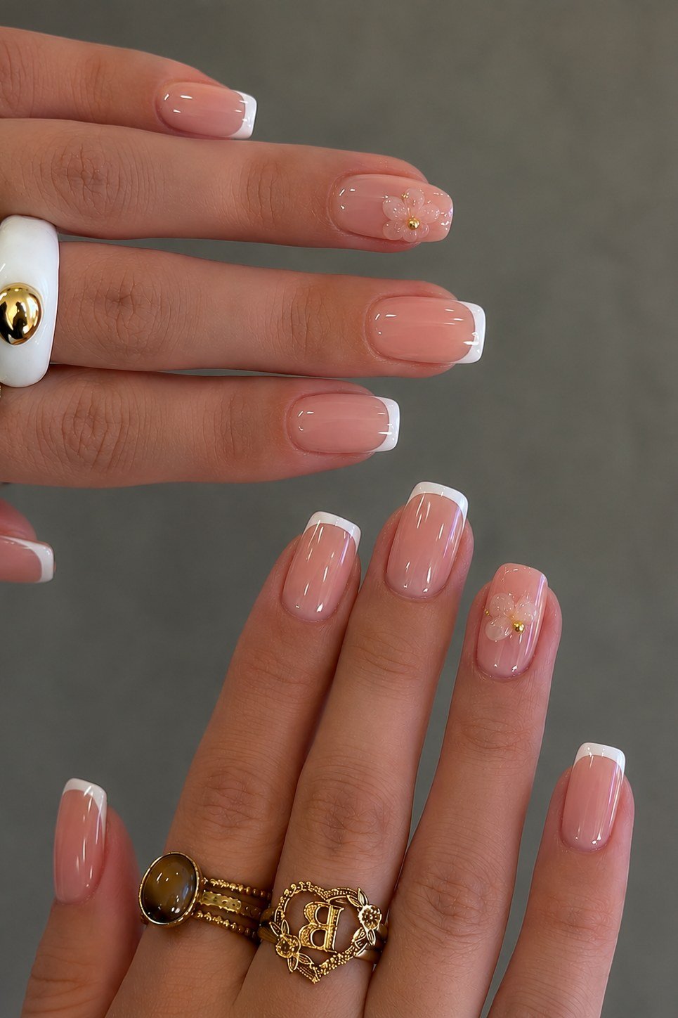 Tiny Garden Florals - micro french manicure with ultra-thin tip line, elegant nail design for women over 50