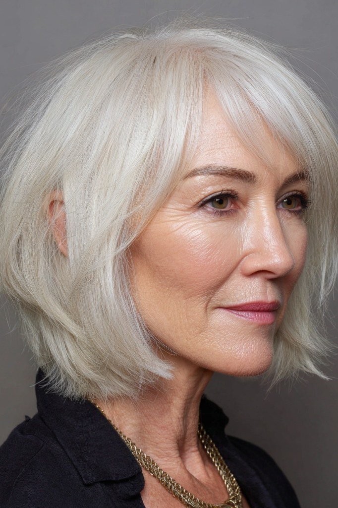 white textured bob side part smooth layers - textured bob haircut idea for women over 60