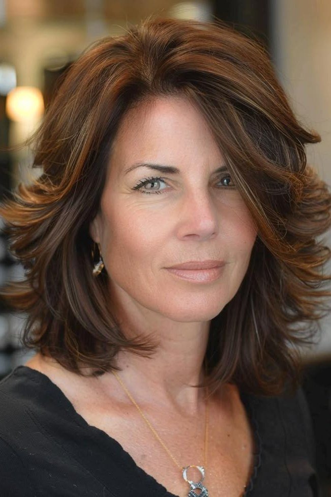 Brunette Wavy Lob with Natural Texture - layered lob hairstyle for women over 60