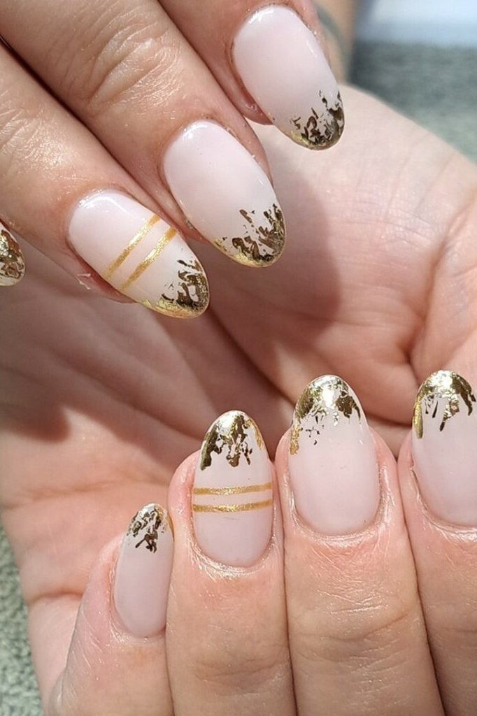 38. Milky White Nails With Gold Foil Tips - Thanksgiving nail art idea for women over 50