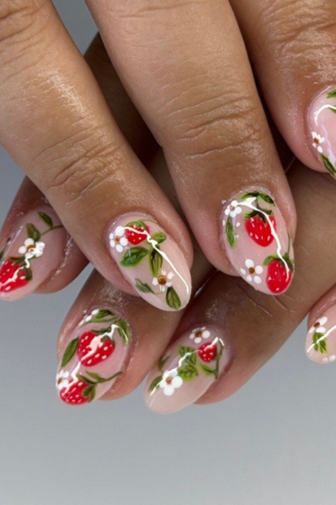 Almond sheer nails with strawberry and flower art