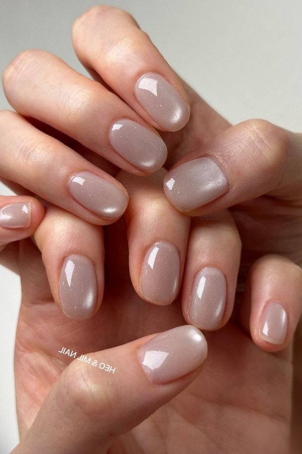 Taupe Grey Pearl Almond Nails - pearl finish nail idea for women over 60