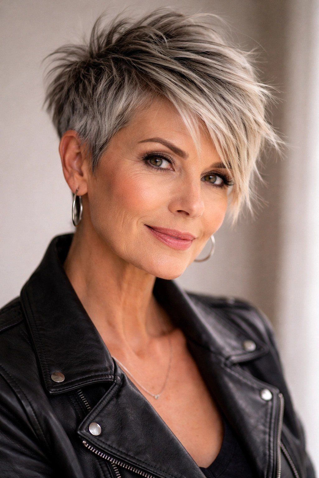 Leather-Jacket Choppy Pixie - bold edgy pixie haircut for women over 50