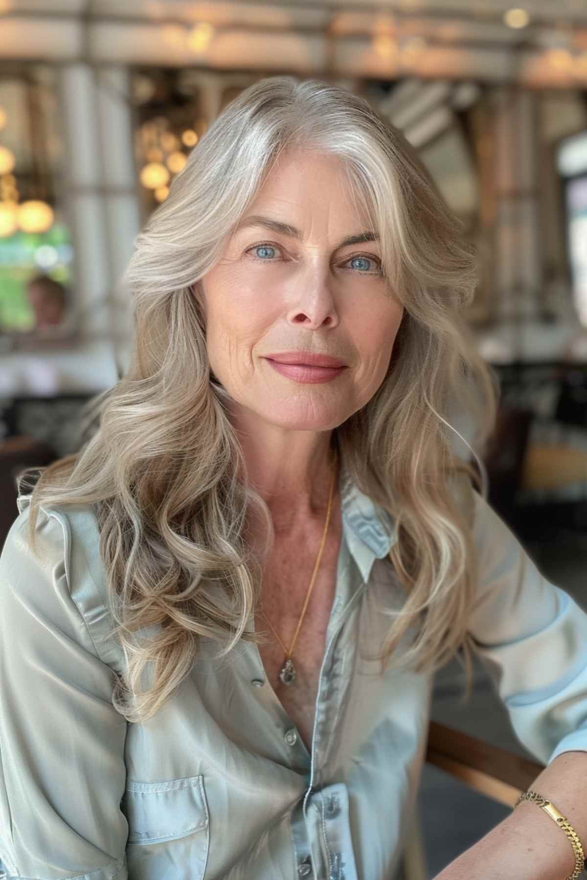 Silver wavy medium cut with loose beachy texture for women over 60