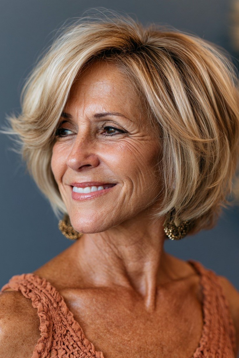 Front Copper Layered Bob With Highlights for women over 60