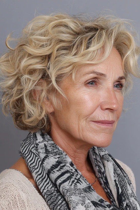 Blonde curly lob with scarf, three-quarter view, older woman