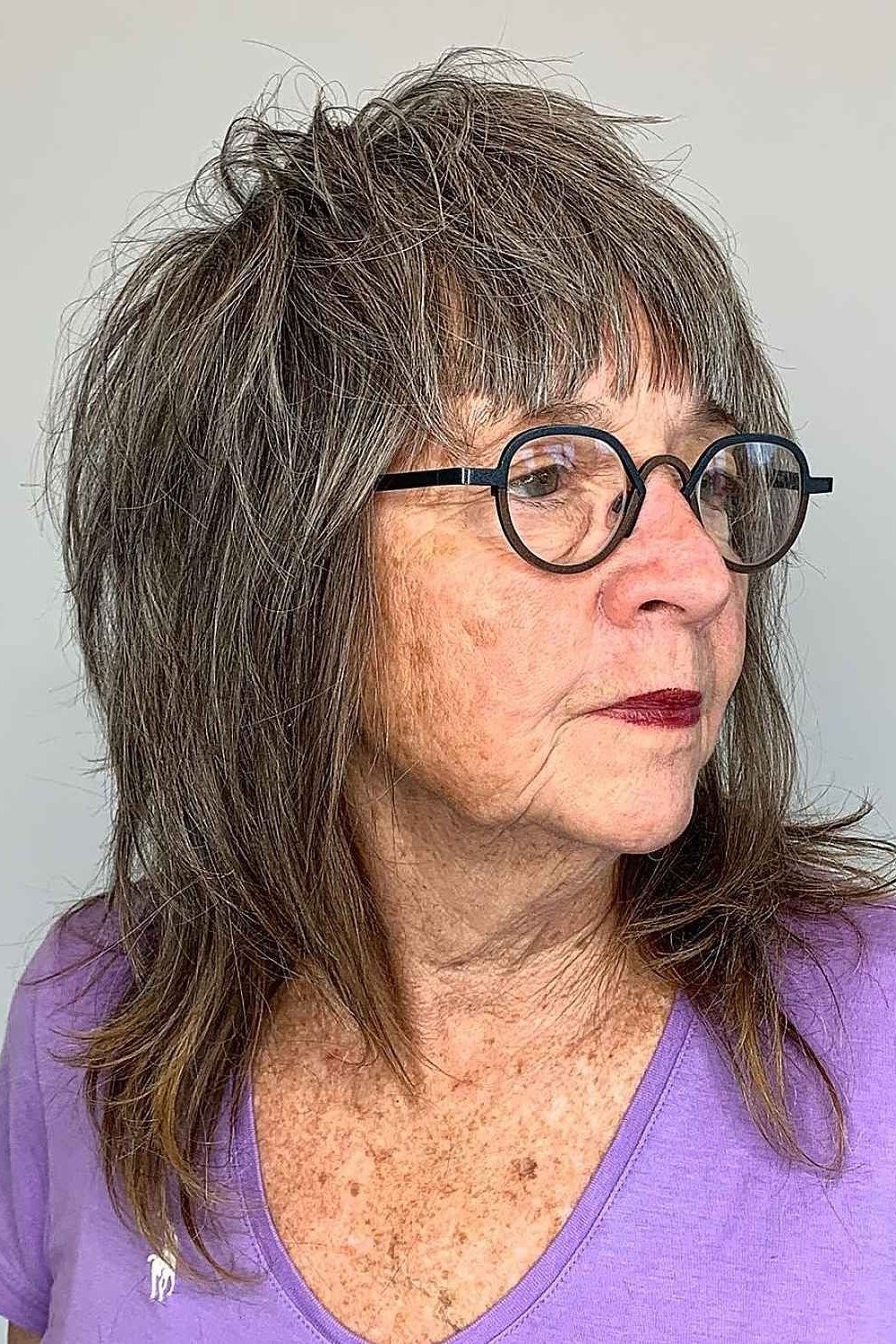 Grey Shag Lob with Piecey Bangs - medium hairstyle for women over 60