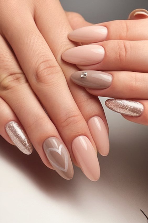 Nude chrome nails with heart art for older women