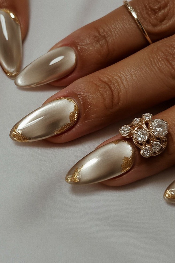 Gold Chrome Almond Nails, understated glam nail color for women over 60
