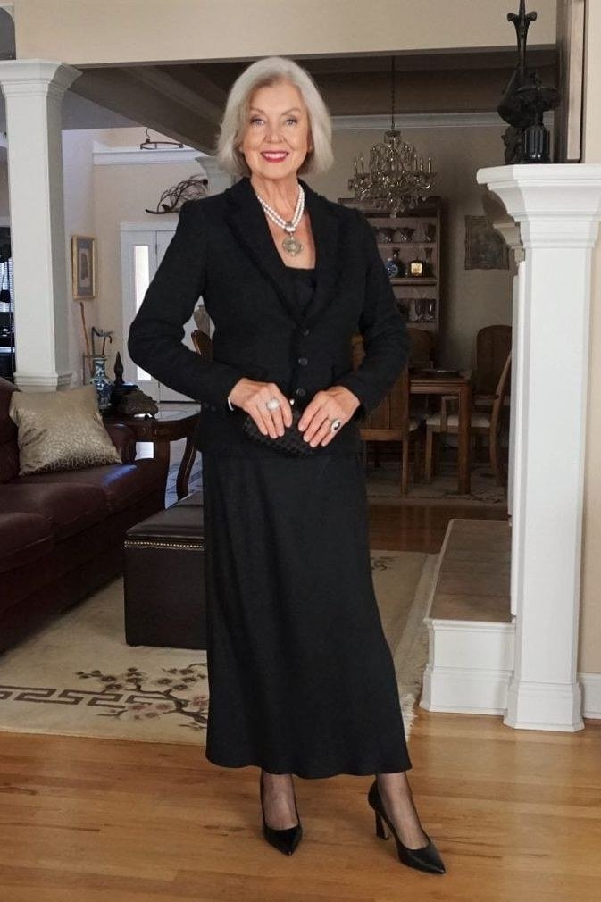 Black maxi dress with long blazer jacket for women over 60