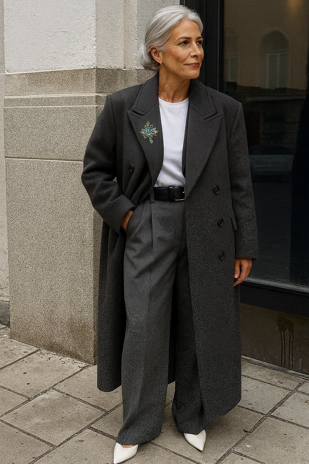 Charcoal midi coat with white top, gray trousers, white heels, and brooch for women over 50 at work