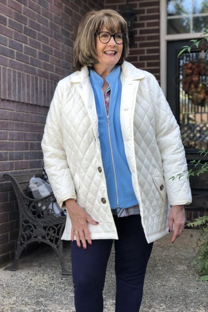 White Quilted Jacket with Navy Pants - fall outfit for women over 40