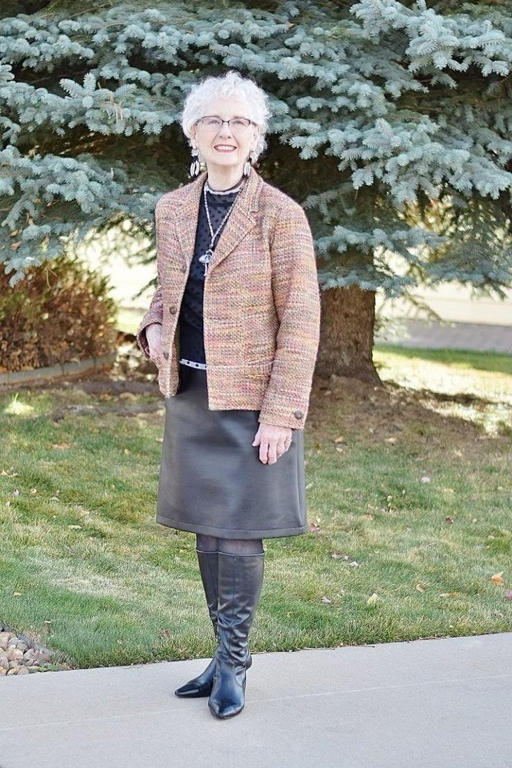 Effortlessly chic fall outfit for women over 60: brown tweed jacket with grey midi skirt