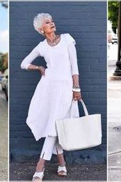 Elegant fall outfit for women over 70: white dress with white accessories