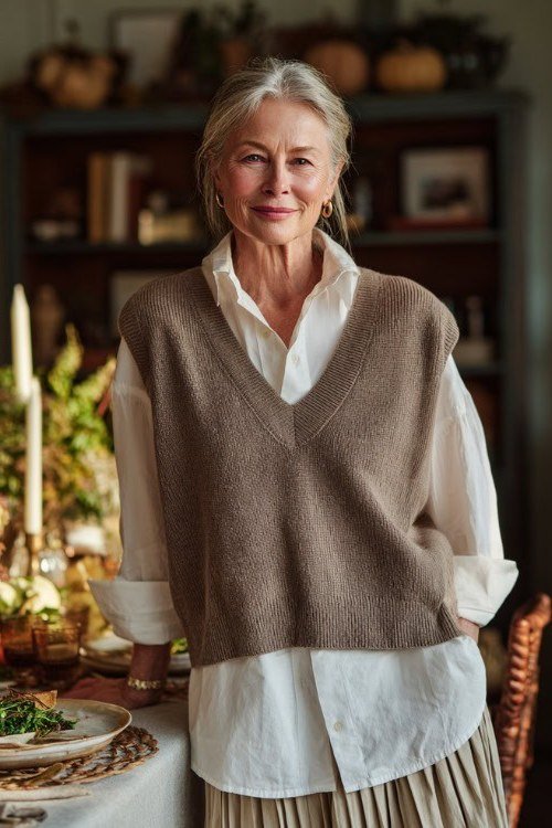 Brown knit vest over white shirt with pleated skirt in dining room, cozy sweater outfit idea for women over 70