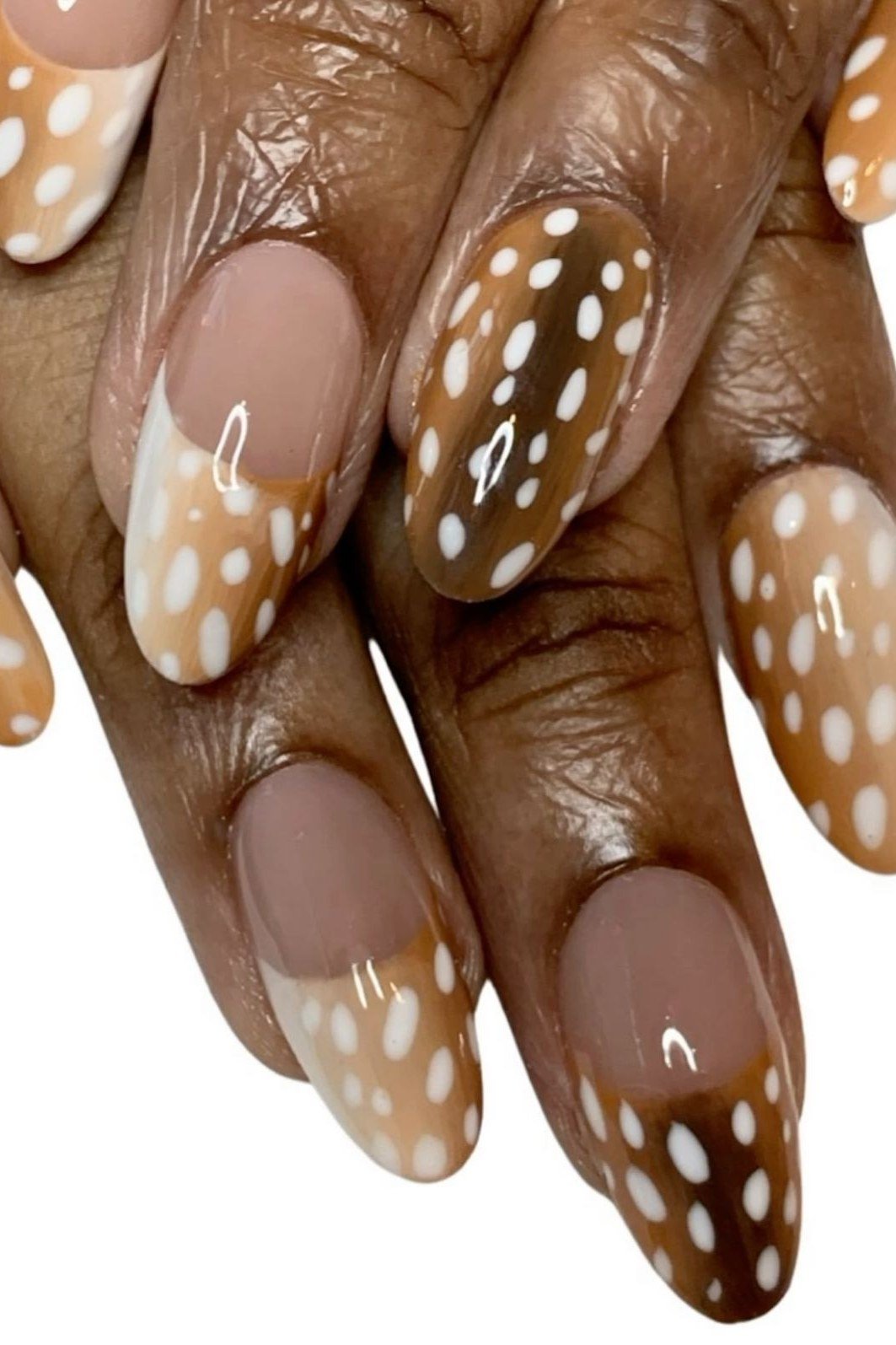 Caramel brown fawn spotted nails with gold deer ring fall nail art